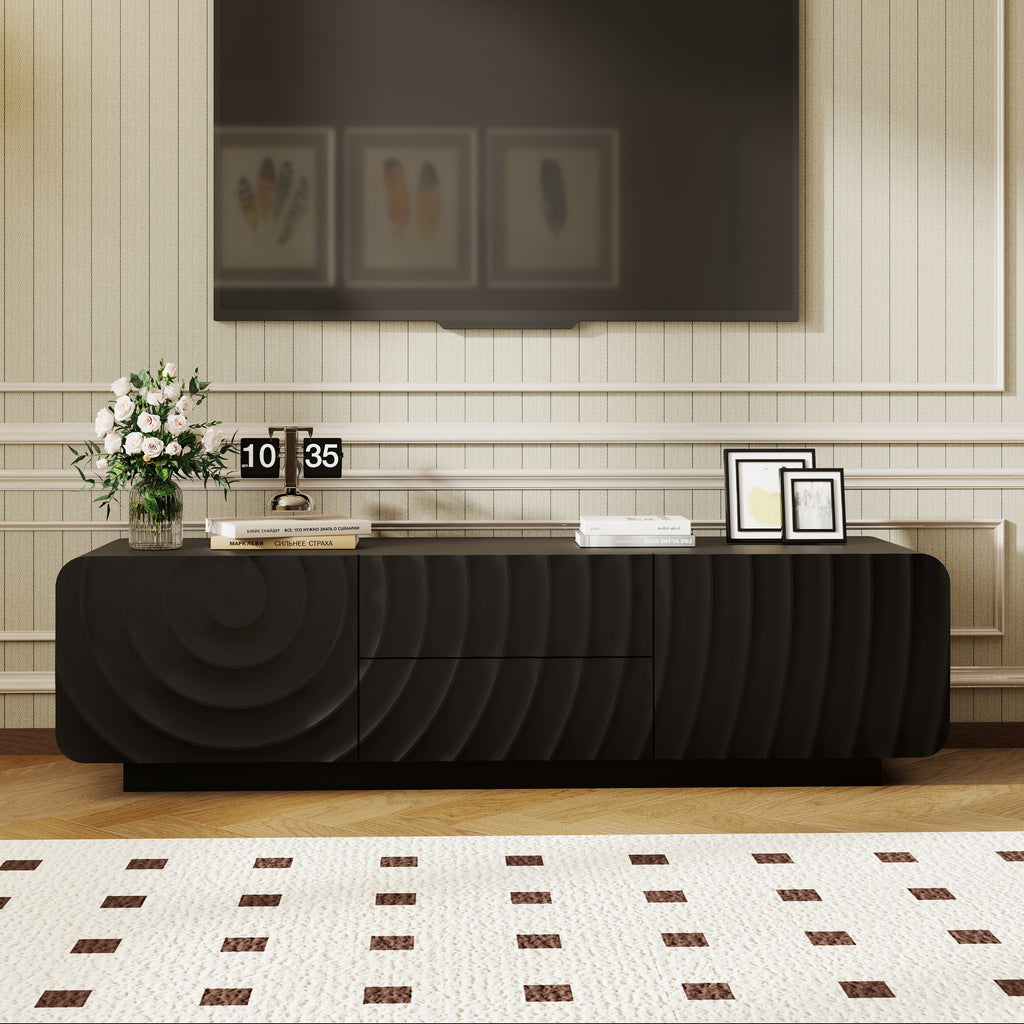 Modern black 58-inch TV console with a unique spiral wave texture, featuring a storage cabinet and two central drawers.