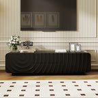 Modern black 58-inch TV console with a unique spiral wave texture, featuring a storage cabinet and two central drawers.