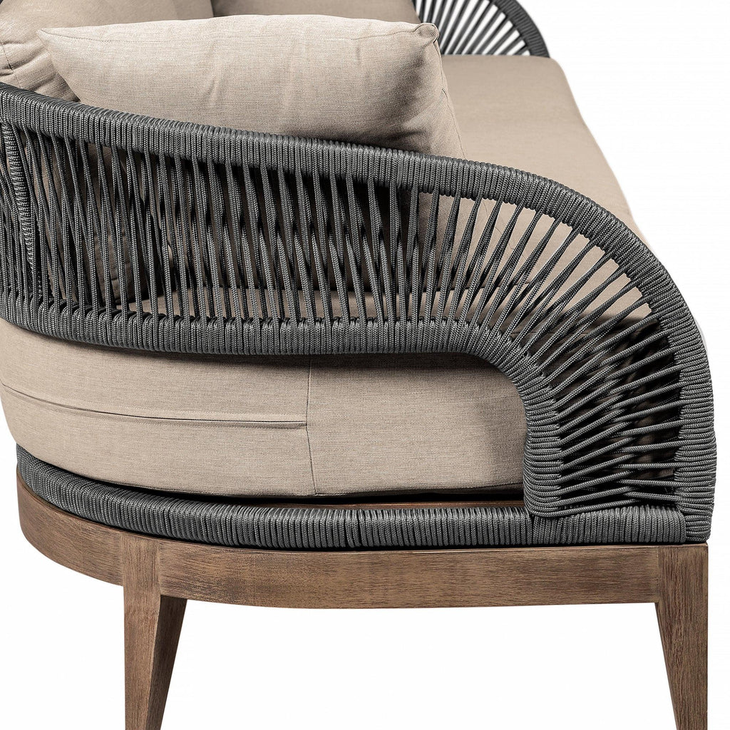 Outdoor Patio Sofa in Weathered Eucalyptus Wood.