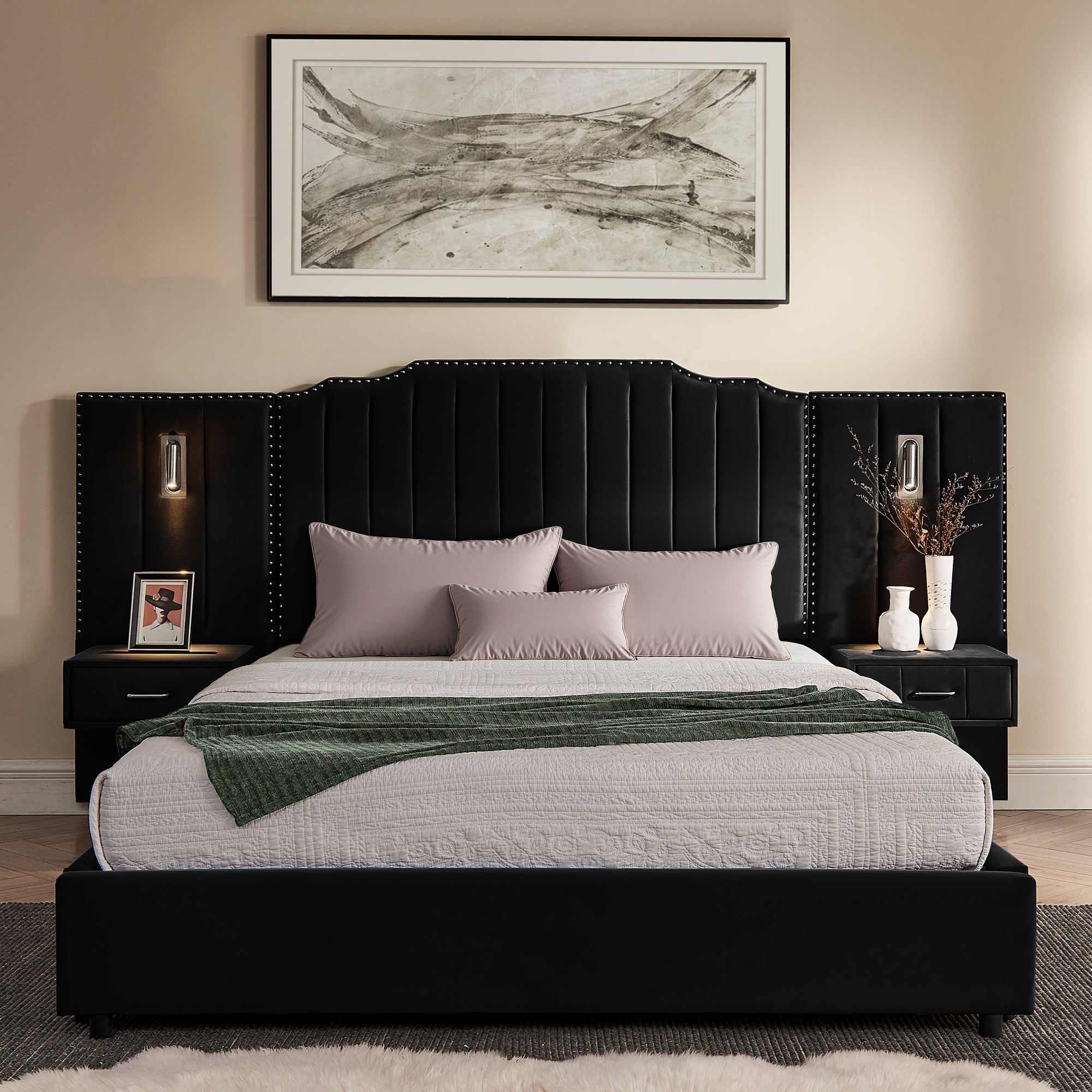 Front view of queen size velvet upholstered bed with integrated nightstands and vertical stripe headboard for a luxurious bedroom setup.