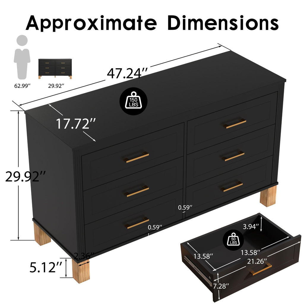 Modern 6-Drawer Dresser with Metal Handles.