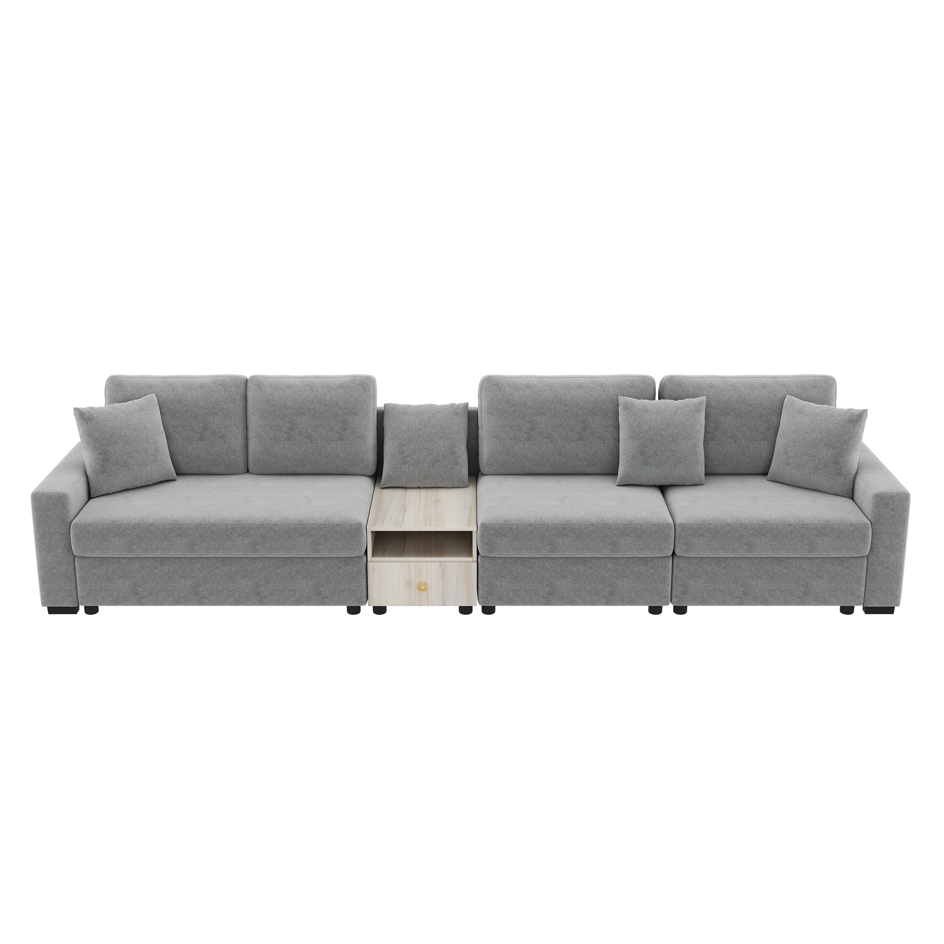 Modern grey chenille modular sectional sofa with decorative pillows and a central light wood storage console.