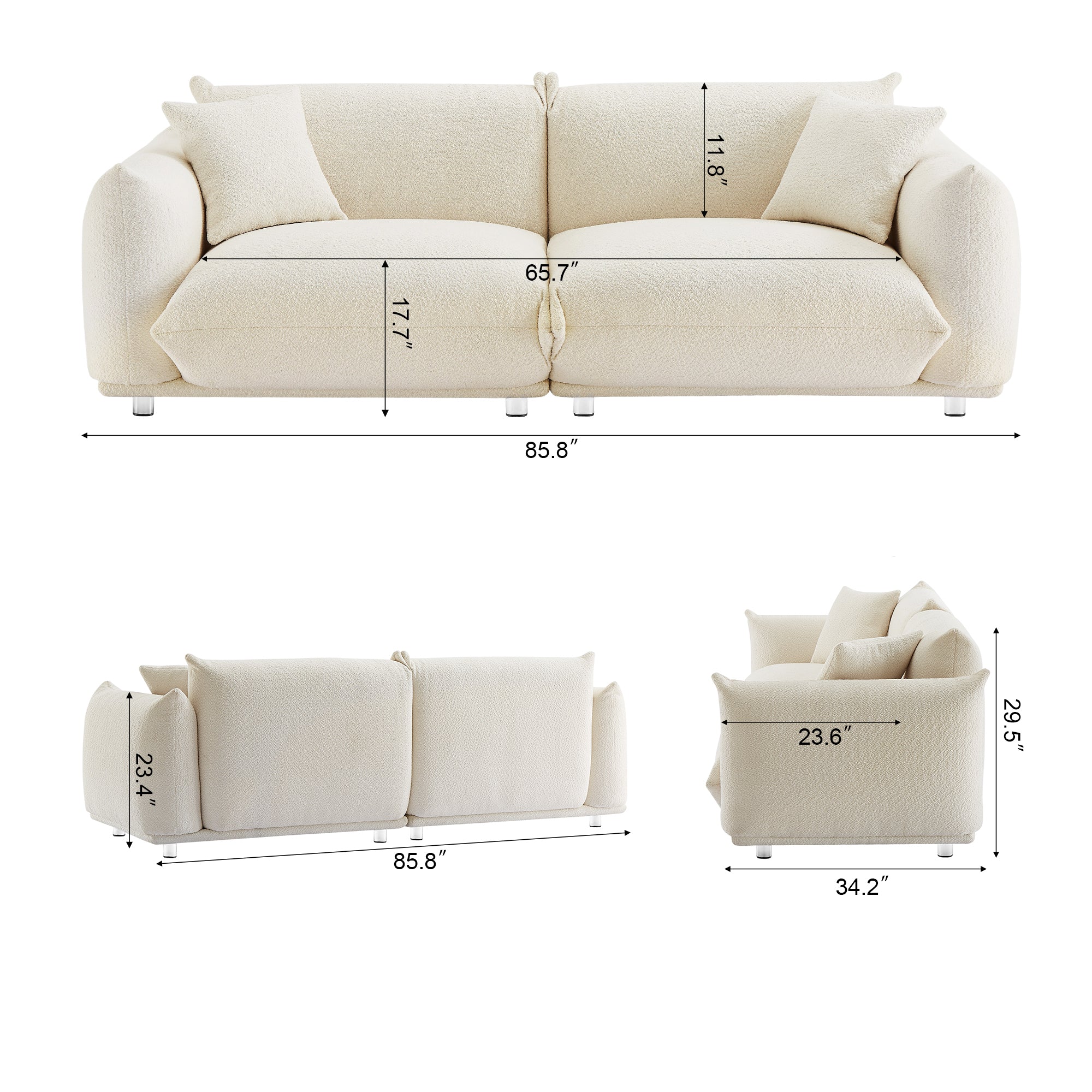 Oversized Loveseat Sofa for Living Room, Sherpa Sofa with Metal Legs, 3 Seater Sofa, Solid Wood Frame Couch with 2 Pillows, for Apartment Office Living Room - White
