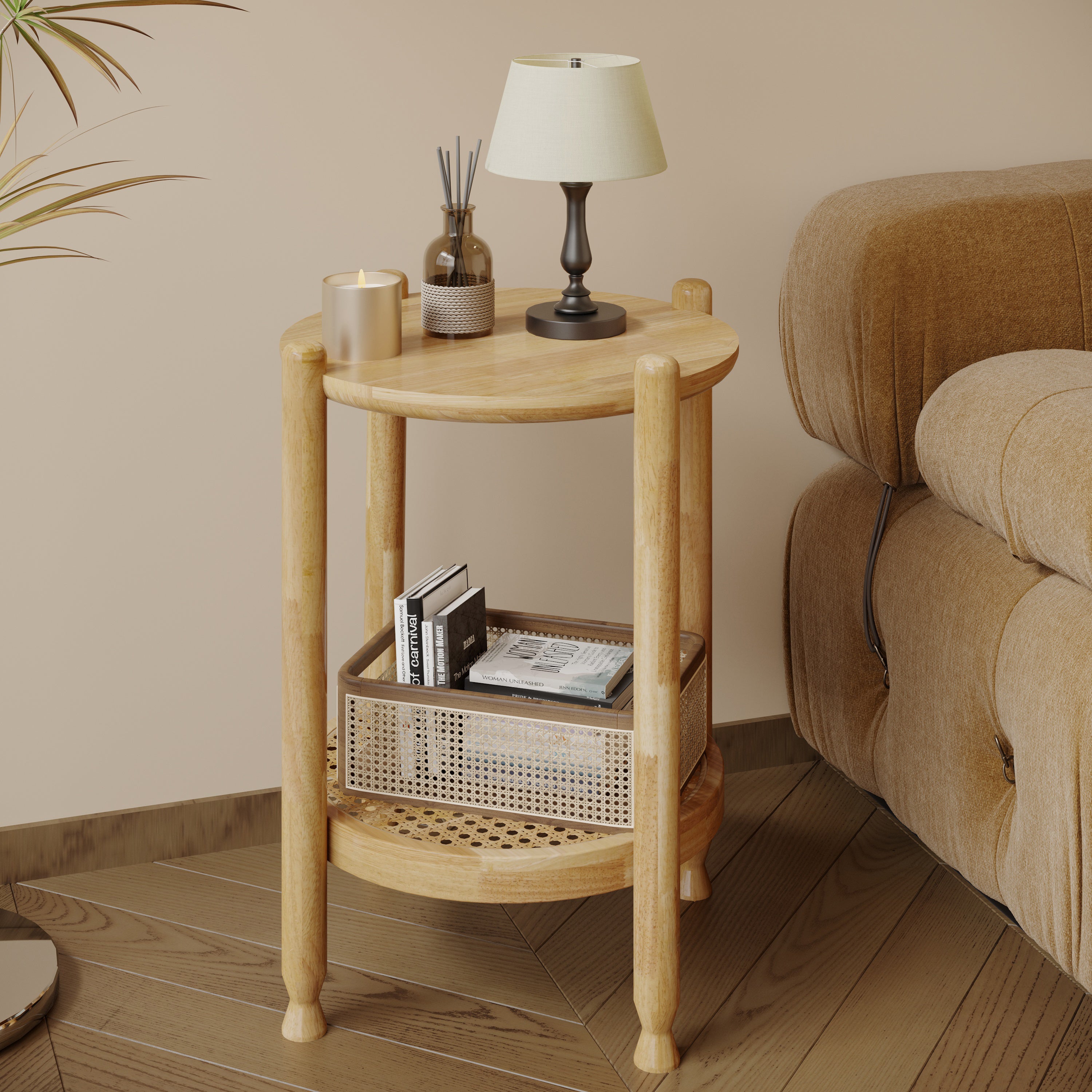 Round 2-Tier Wood End Table with Woven Rattan Shelf in Walnut
