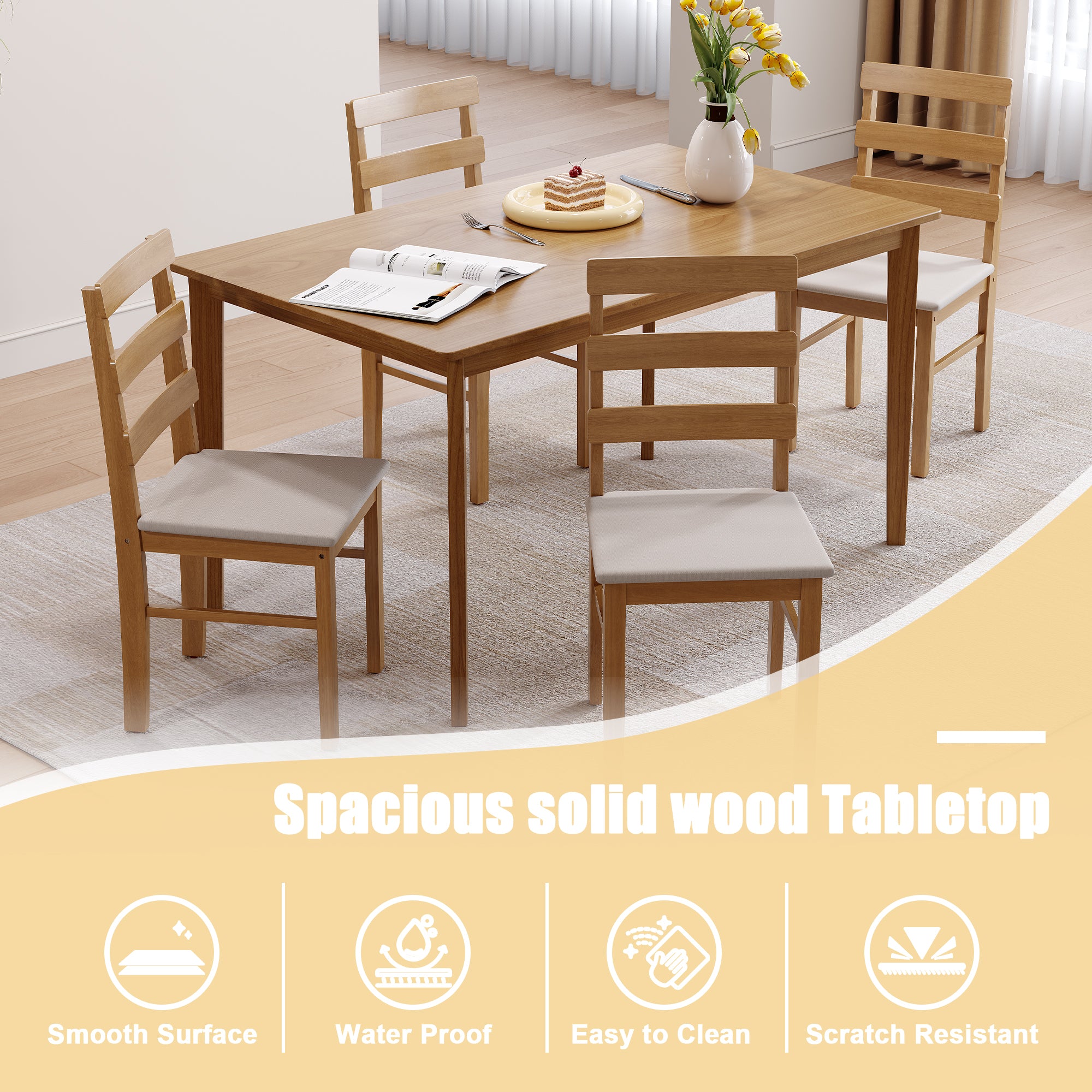 Spacious solid wood dining table with 4 chairs, featuring a smooth, waterproof, scratch-resistant surface that's easy to clean.