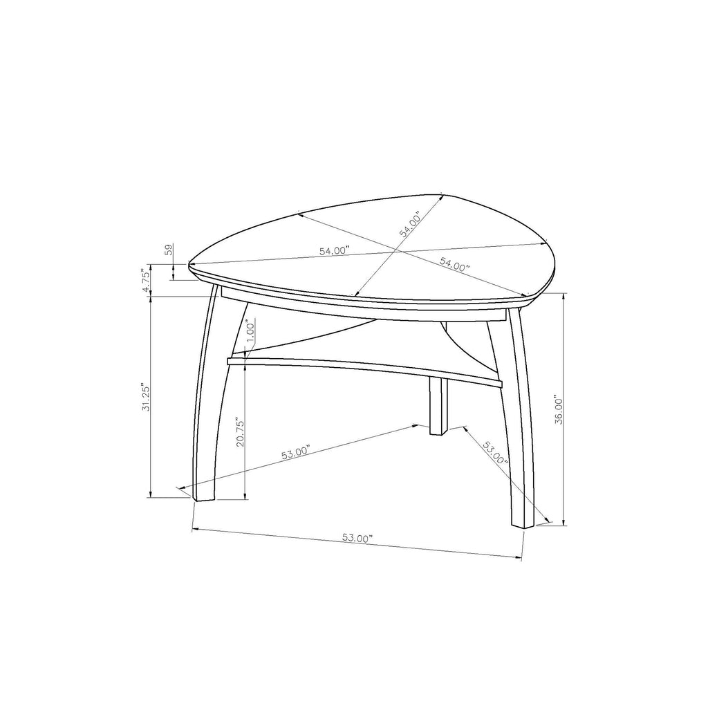 Technical drawing of Jasmine Bar Table showing dimensions of the triangular marble top and arched leg design, perfect for seating 4.