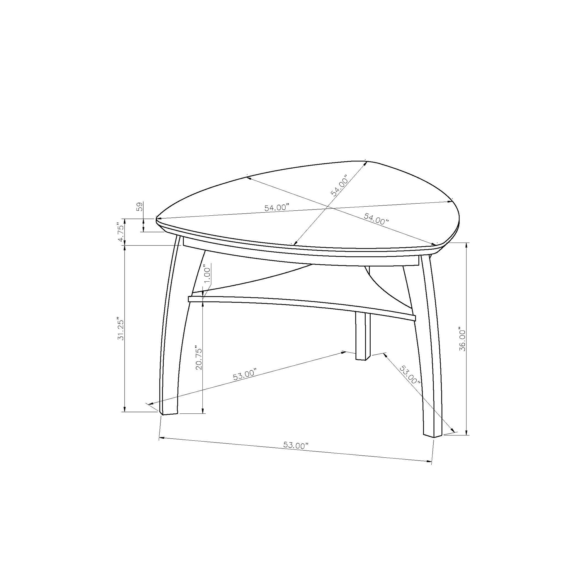 Technical drawing of Jasmine Bar Table showing dimensions of the triangular marble top and arched leg design, perfect for seating 4.
