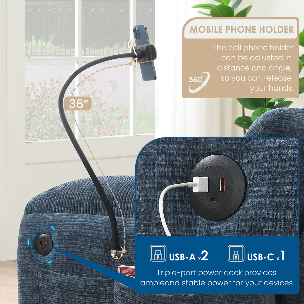 USB charging ports and adjustable phone holder on modular sofa armrest, offering tech-friendly convenience for device use.