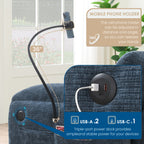 USB charging ports and adjustable phone holder on modular sofa armrest, offering tech-friendly convenience for device use.