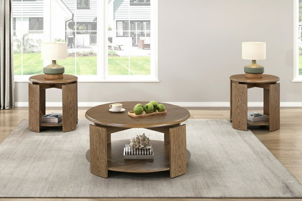 Three-piece brown wooden coffee and end table set with round tops, structural supports, and functional bottom shelves.