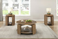 Three-piece brown wooden coffee and end table set with round tops, structural supports, and functional bottom shelves.