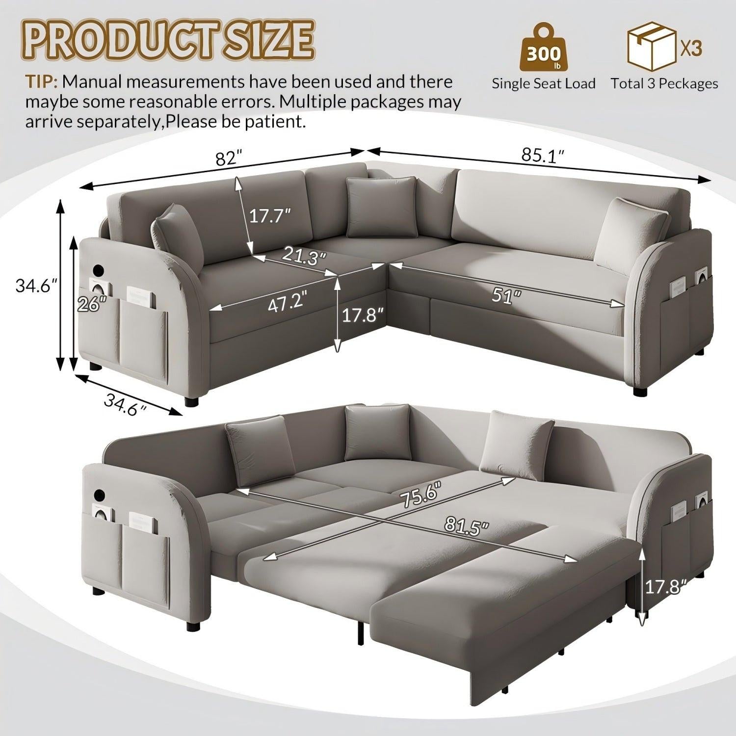 85.1' L-Shaped Sofa Bed with USB Port and Pocket.