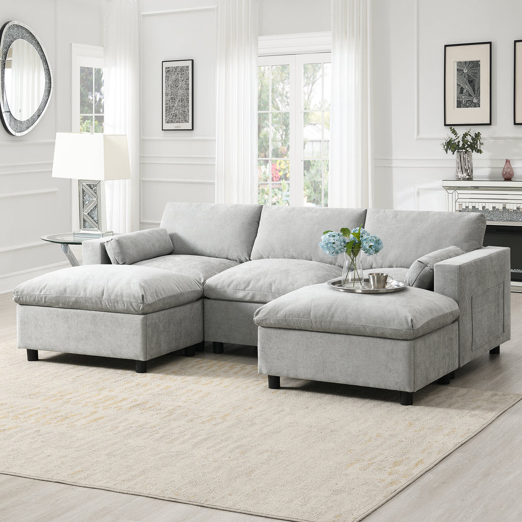 Chenille Modular Sofa - U-Shaped Couch with Storage shown in a bright living room with two ottomans and plush cushions, perfect for modern interiors.