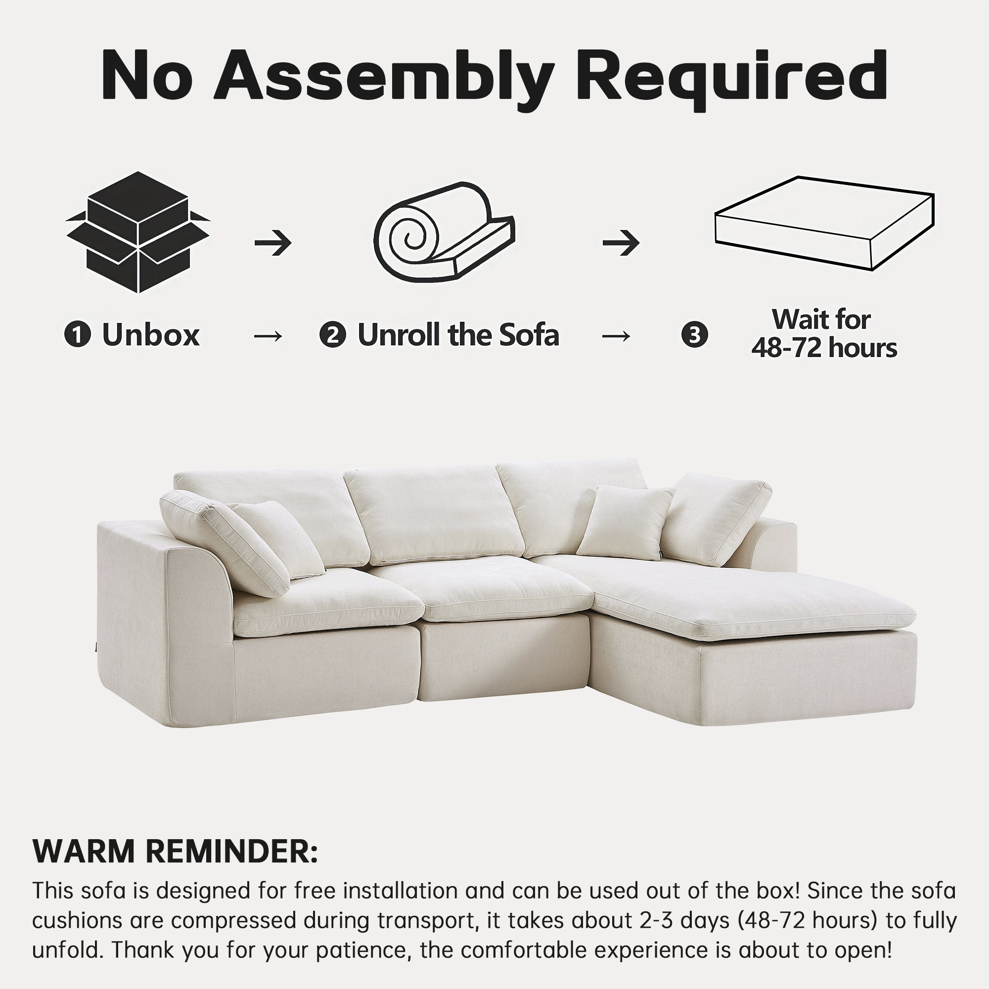 L-Shaped Sectional Sofa - Modern Style with no assembly required, unbox and unroll design for easy setup in any home.