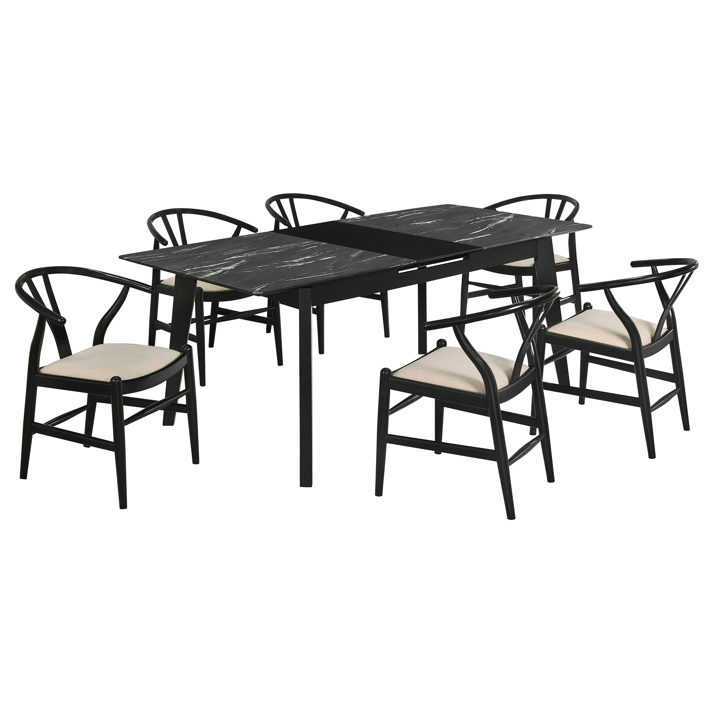 Spivey 7-Piece Extension Dining Set with Faux Marble Top & Beige Chairs