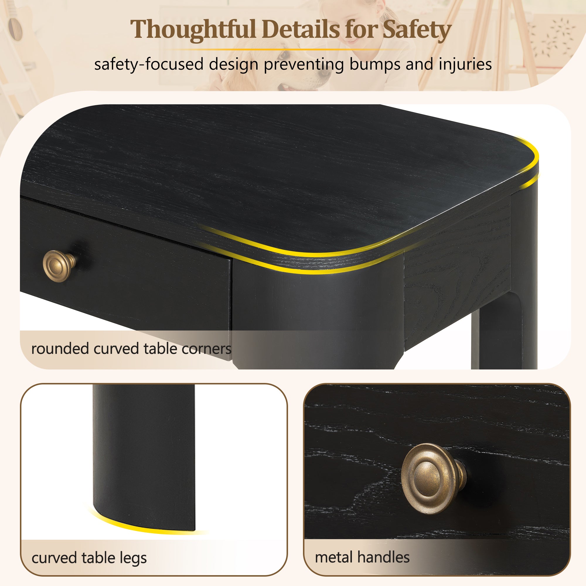 Close-up of TREXM console table's curved corners, metal handles, and rounded legs, emphasizing safety and vintage design.