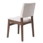 Rear angled view of a walnut finish dining chair with beige upholstered seat and backrest from the Modern Dining Set.