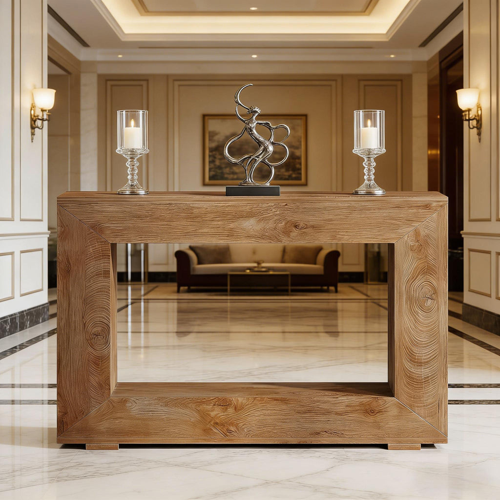 Modern rectangular wooden console table with natural grain, featuring a clean, minimalist design in a luxe hallway.