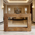Modern rectangular wooden console table with natural grain, featuring a clean, minimalist design in a luxe hallway.