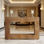 Modern rectangular wooden console table with natural grain, featuring a clean, minimalist design in a luxe hallway.