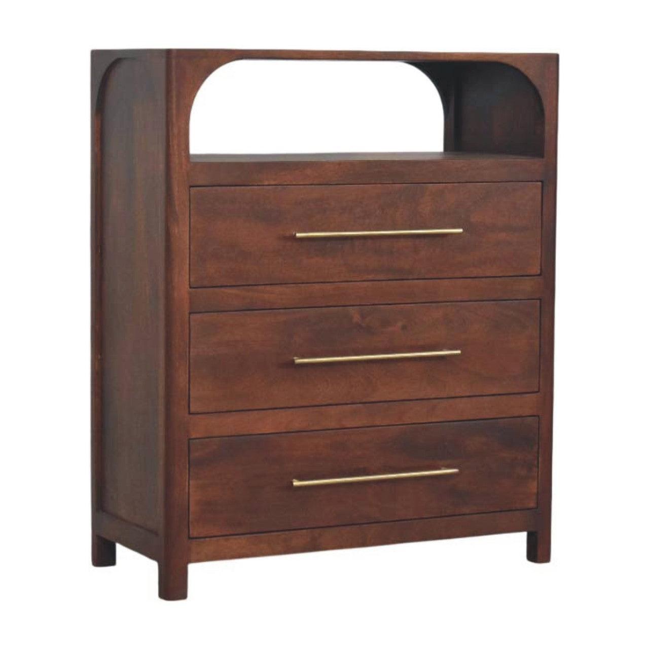 Solid Wood 3 Drawer Chest with Arched Edge Design.