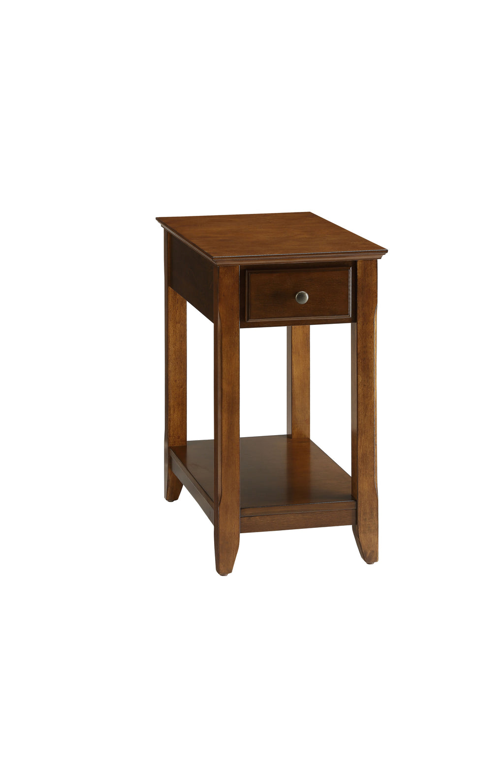 Angled view of Walnut Finish Accent Table with Storage showing sturdy legs, drawer, and bottom shelf for added functionality.
