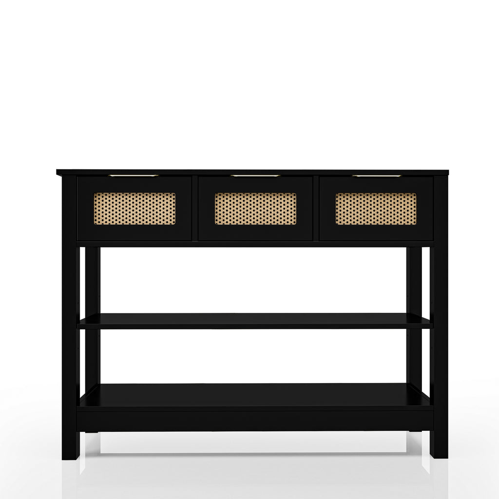 43.3' console table in farmhouse design with black finish, 3 rattan-front drawers, and 2 open shelves for versatile storage solutions.