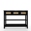 43.3' console table in farmhouse design with black finish, 3 rattan-front drawers, and 2 open shelves for versatile storage solutions.