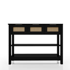43.3' console table in farmhouse design with black finish, 3 rattan-front drawers, and 2 open shelves for versatile storage solutions.