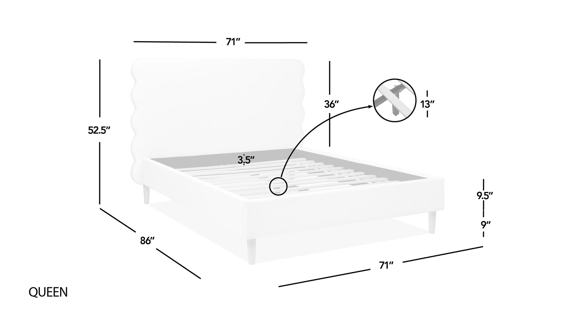 Dimension diagram of the Stockholm Modern Wavy Headboard Platform Bed, queen size, showing measurements and structural details.