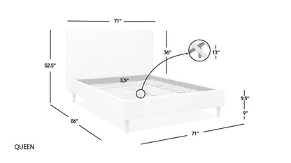 Dimension diagram of the Stockholm Modern Wavy Headboard Platform Bed, queen size, showing measurements and structural details.
