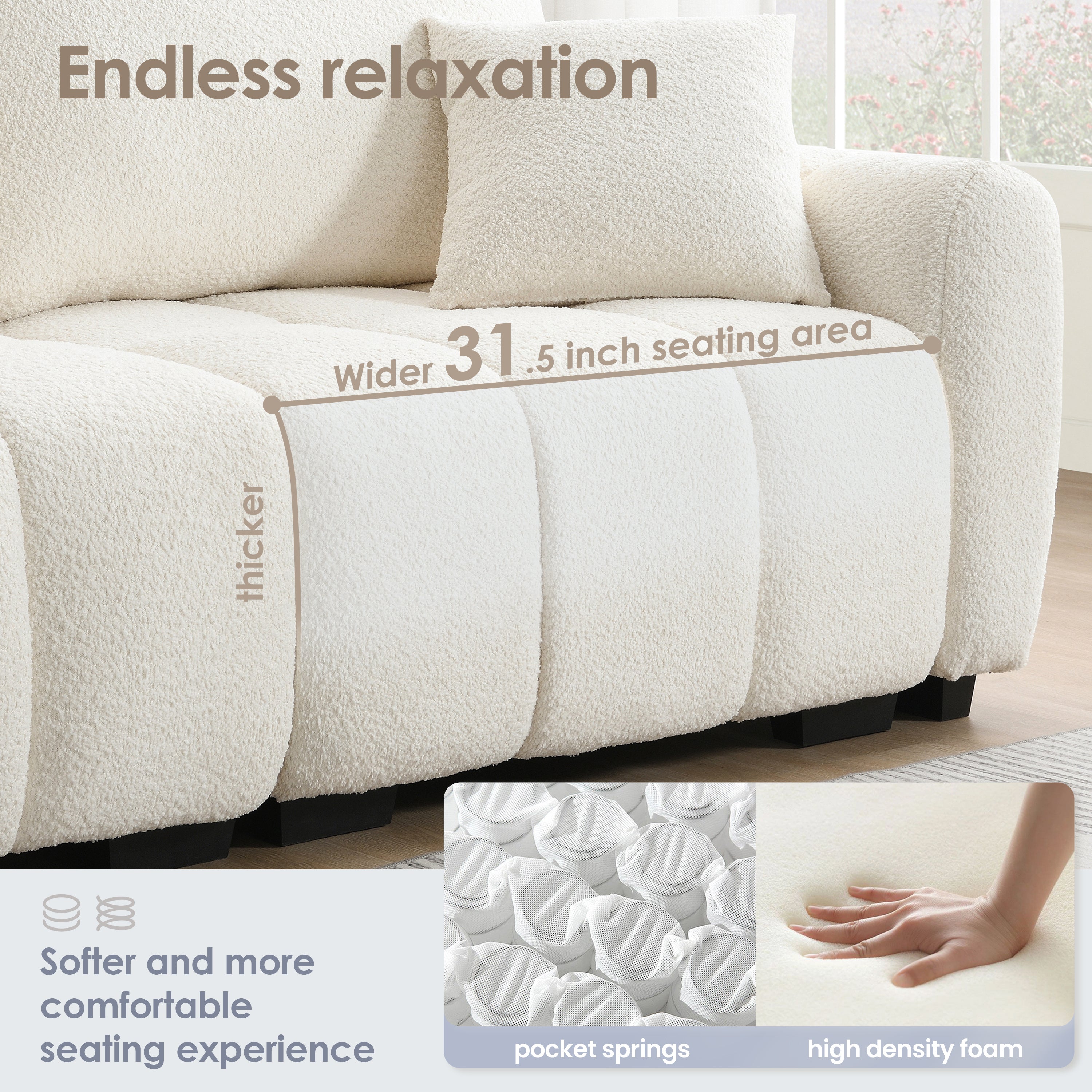 Close-up of modular sectional sofa's wide seat with high-density foam and pocket springs for enhanced comfort and support.