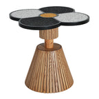 Decorative Four-Leaf Clover Accent Table featuring a terrazzo top and fluted wood-grain base, perfect for modern interiors.