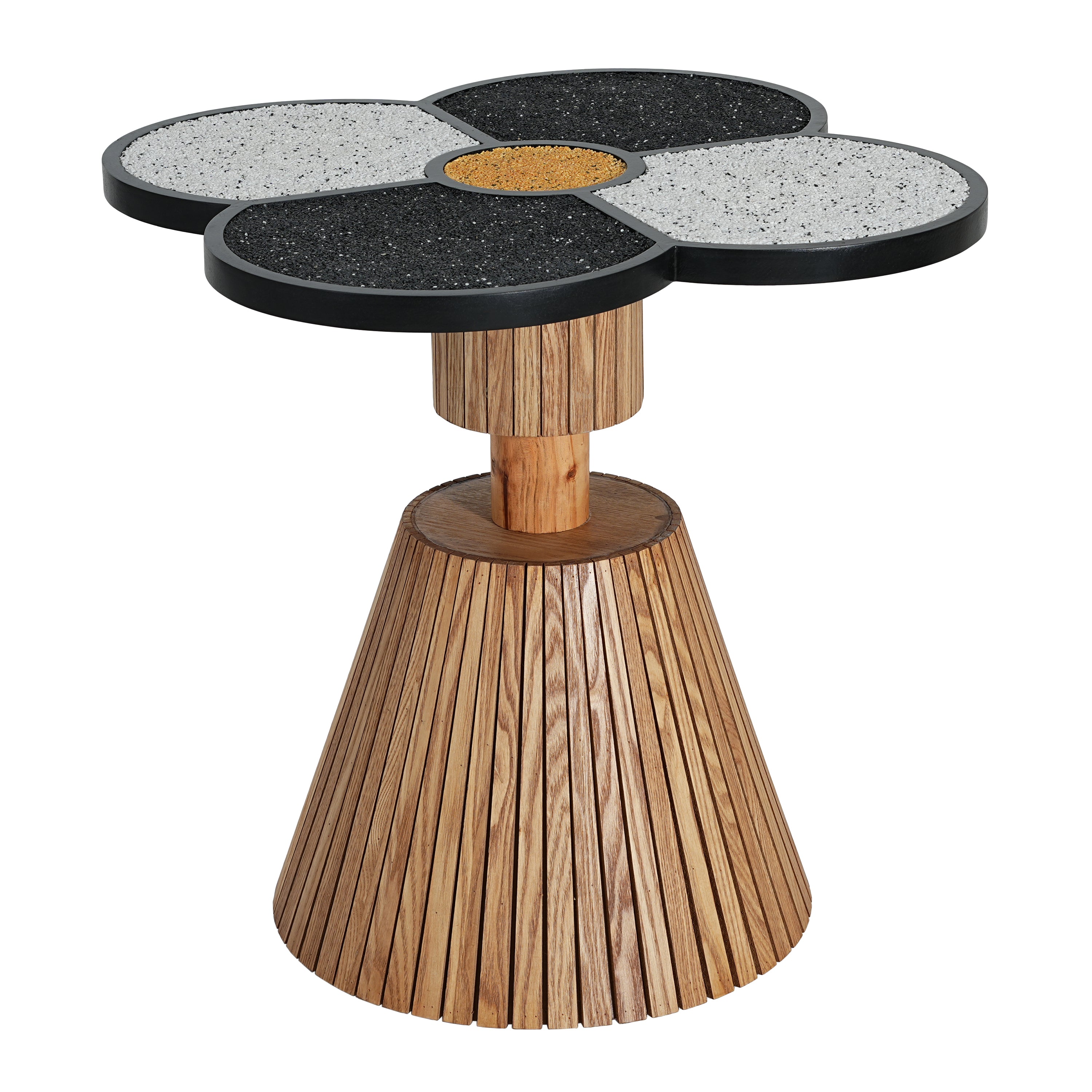 Decorative Four-Leaf Clover Accent Table featuring a terrazzo top and fluted wood-grain base, perfect for modern interiors.