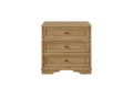Three-drawer nightstand in a cashew oak wood finish with framed drawer fronts and dark minimalist hardware.