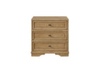 Three-drawer nightstand in a cashew oak wood finish with framed drawer fronts and dark minimalist hardware.