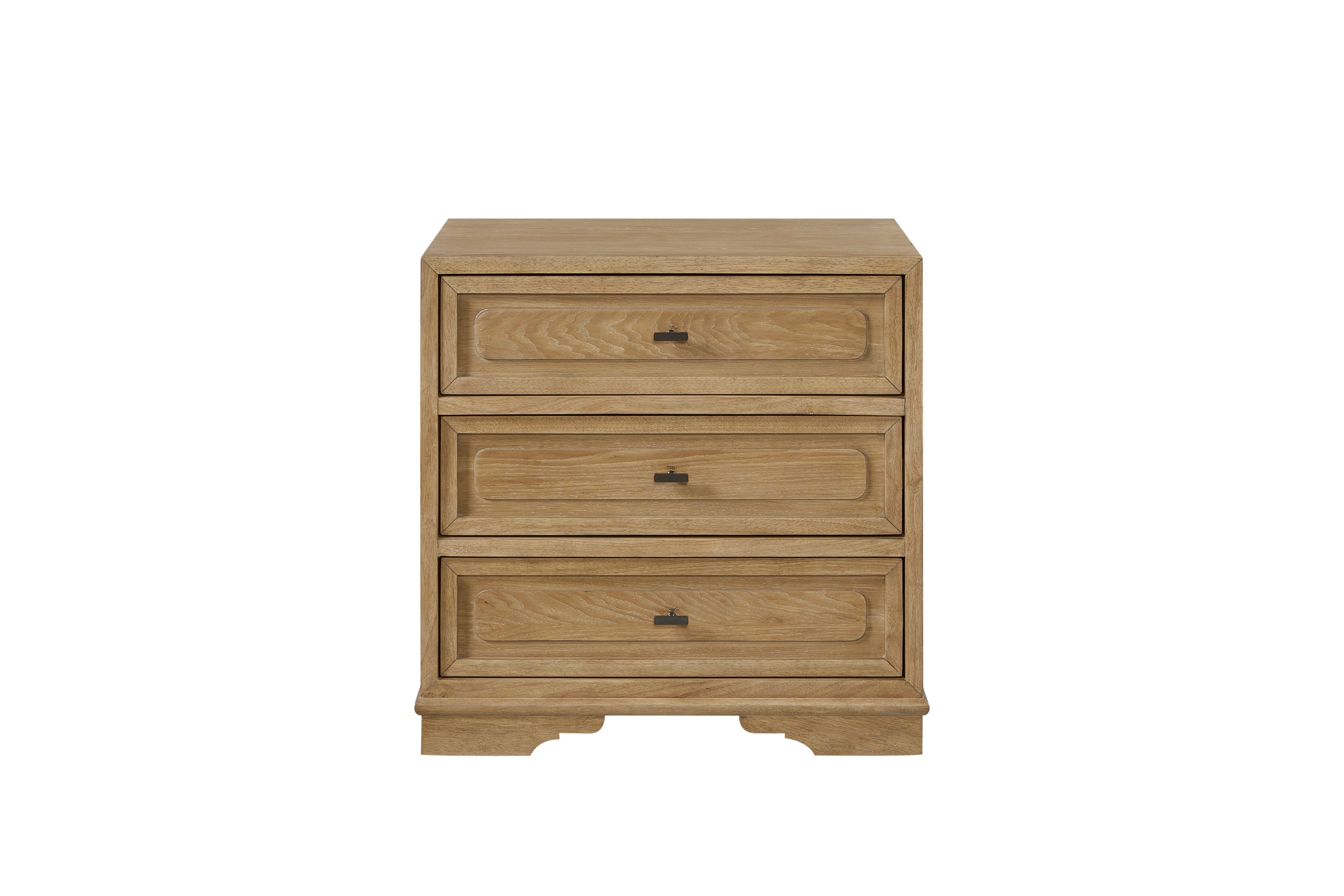 Three-drawer nightstand in a cashew oak wood finish with framed drawer fronts and dark minimalist hardware.