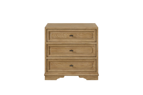 Three-drawer nightstand in a cashew oak wood finish with framed drawer fronts and dark minimalist hardware.