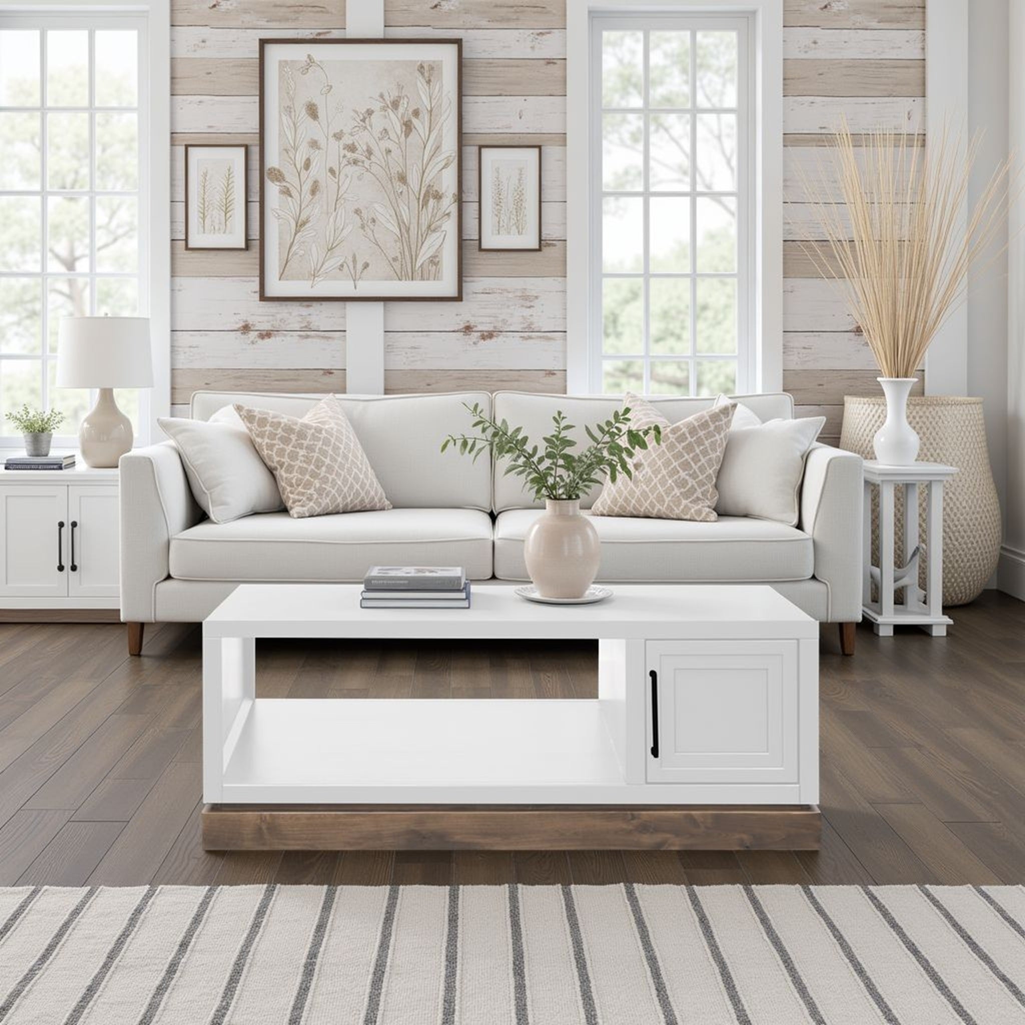 Nora 48 inch Coffee Table - Jasmine White Barnwood in a rustic living room with white sofa and wood panel walls, showcasing its farmhouse charm.