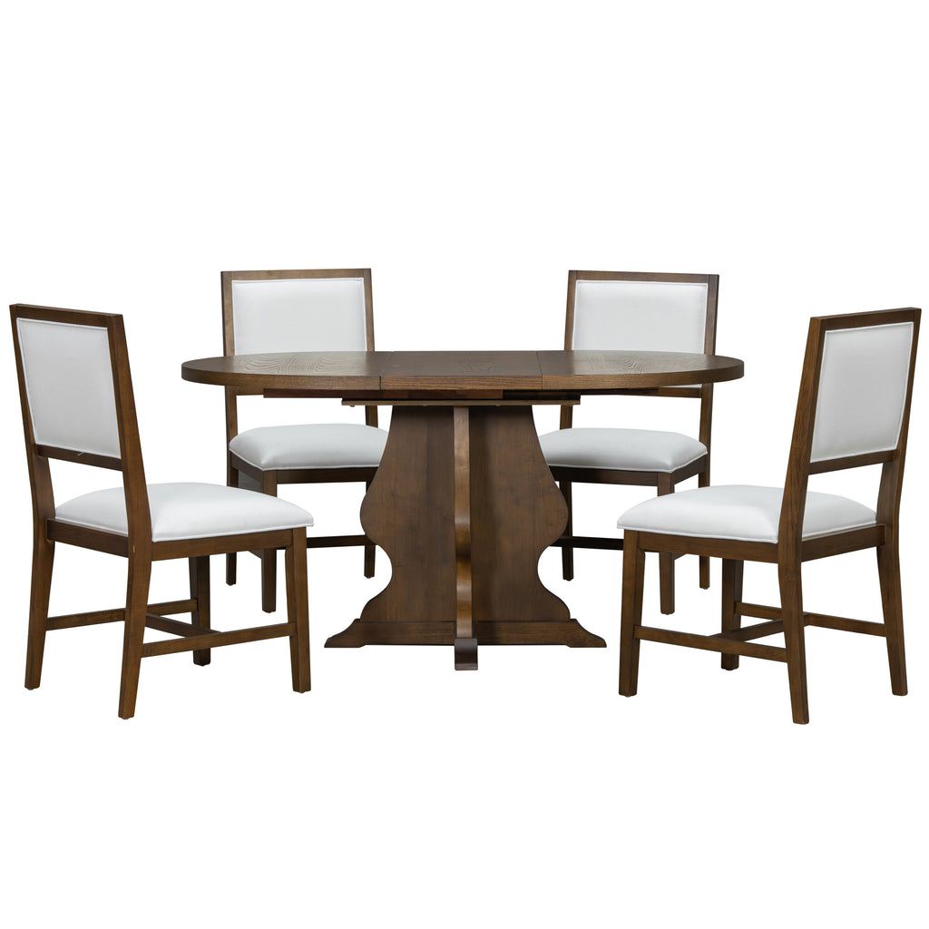 Front view of Farmhouse Dining Set showcasing oval table and four cushioned chairs, perfect for rustic yet modern dining rooms.