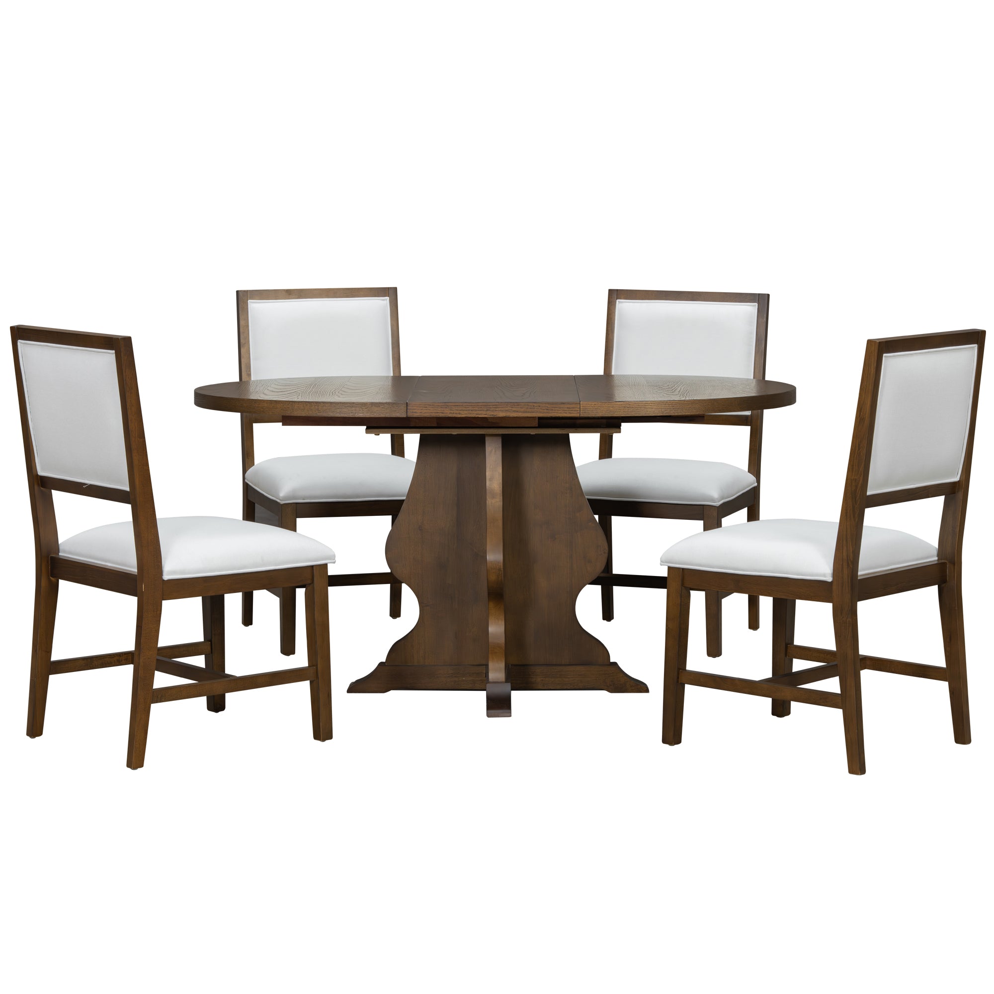 Front view of Farmhouse Dining Set showcasing oval table and four cushioned chairs, perfect for rustic yet modern dining rooms.