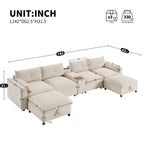 Dimensions of 142'' modular sectional sofa with storage and console, showing detailed measurements for optimal living room fit.