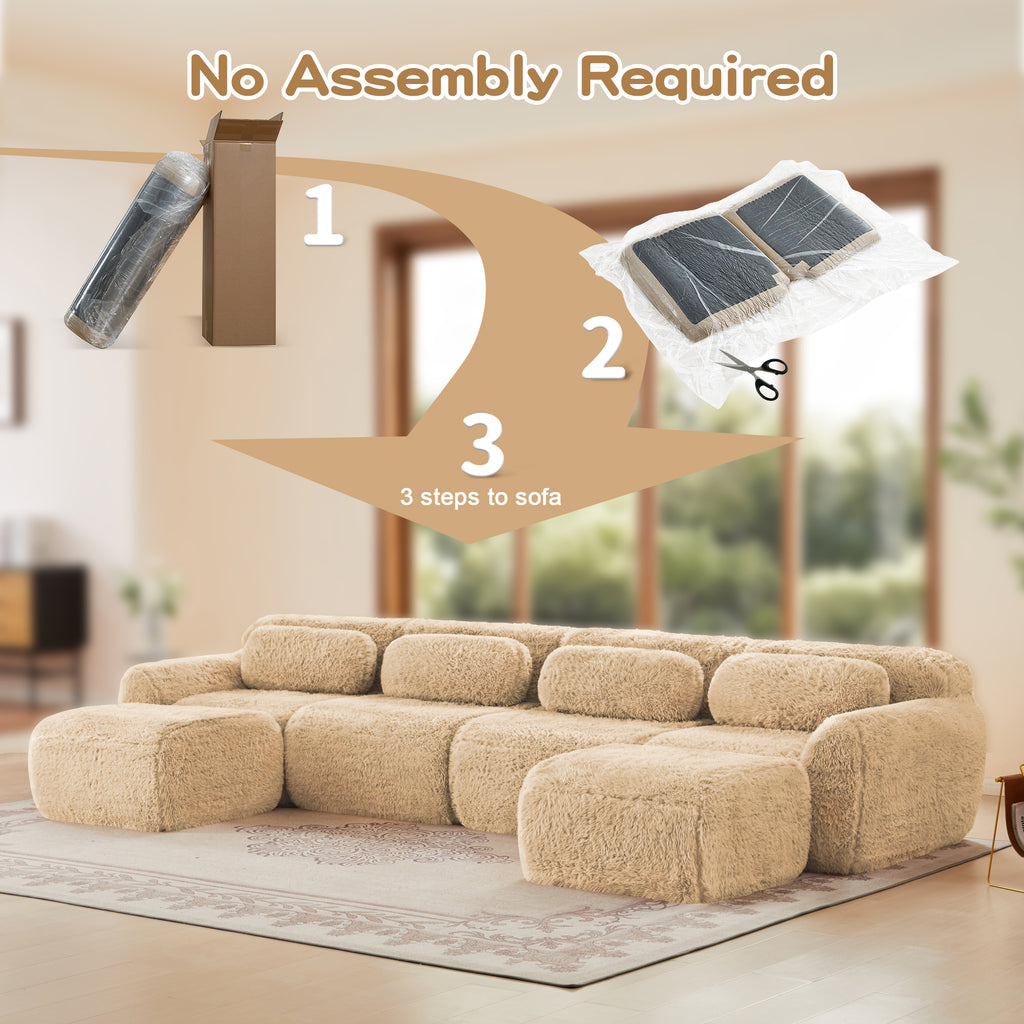 Step-by-step visual of no assembly required U-shaped modular sofa, showing easy setup process in three simple steps.