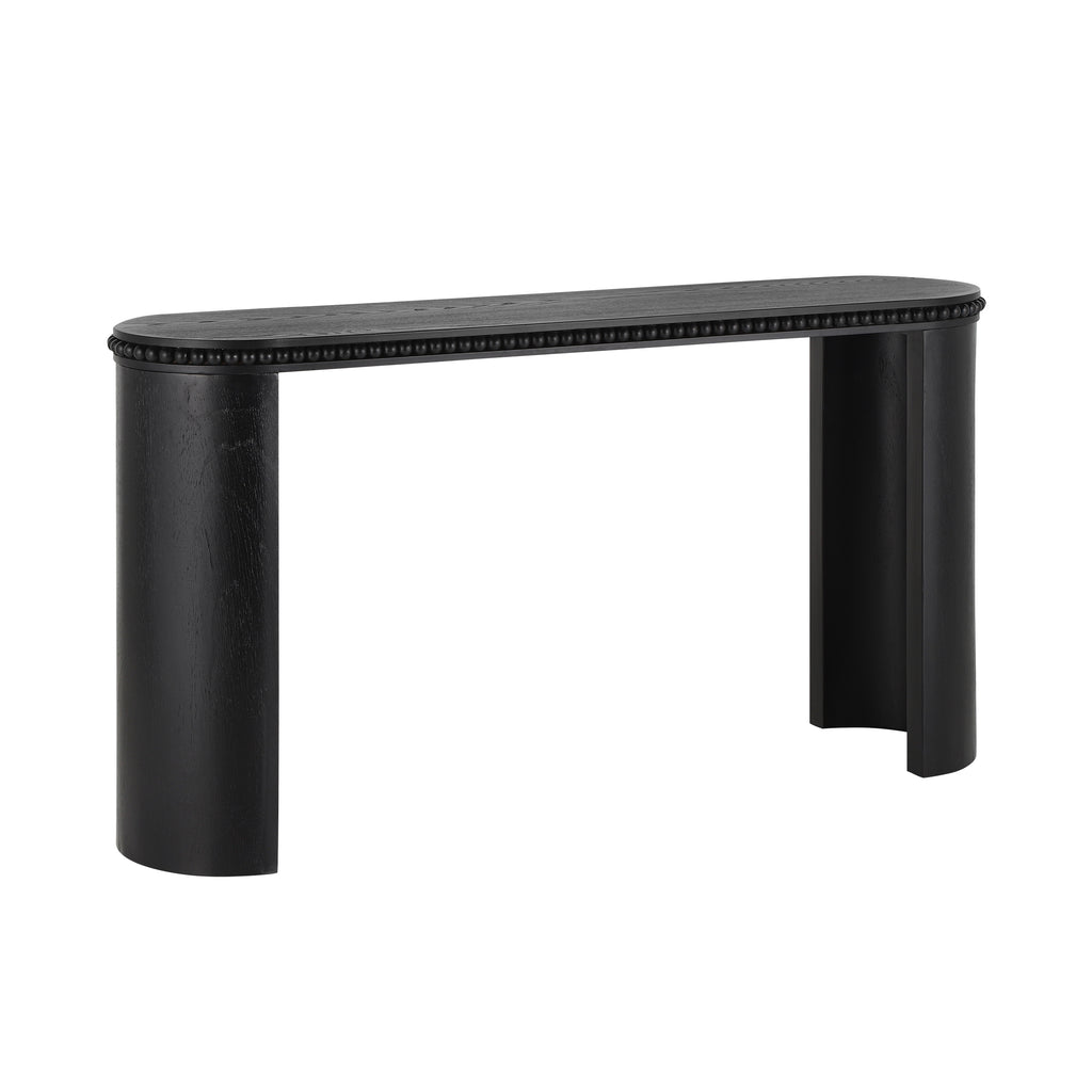 Studio image of Mirod Console Table with outward-facing curved legs and beaded trim in black wood finish.