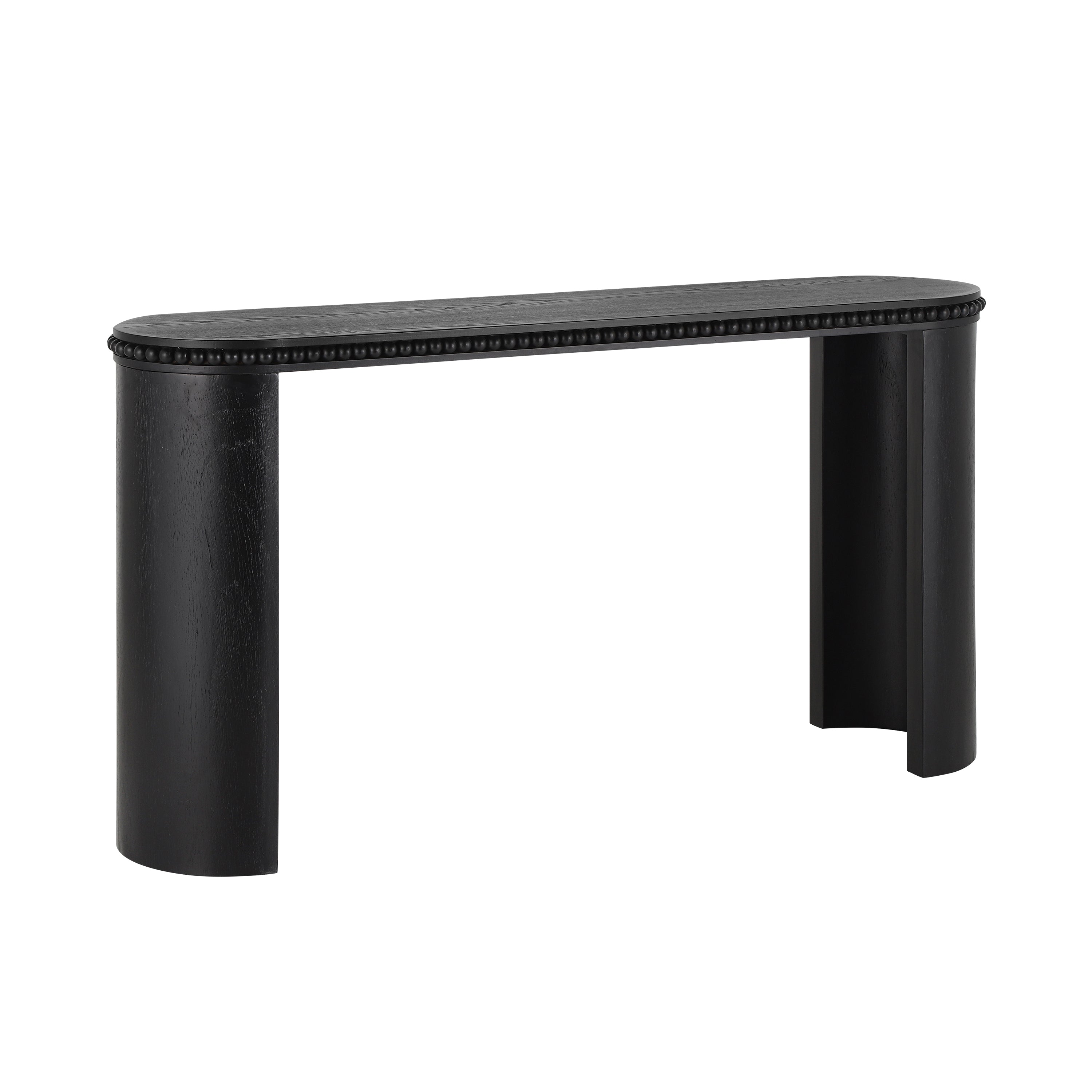 Studio image of Mirod Console Table with outward-facing curved legs and beaded trim in black wood finish.