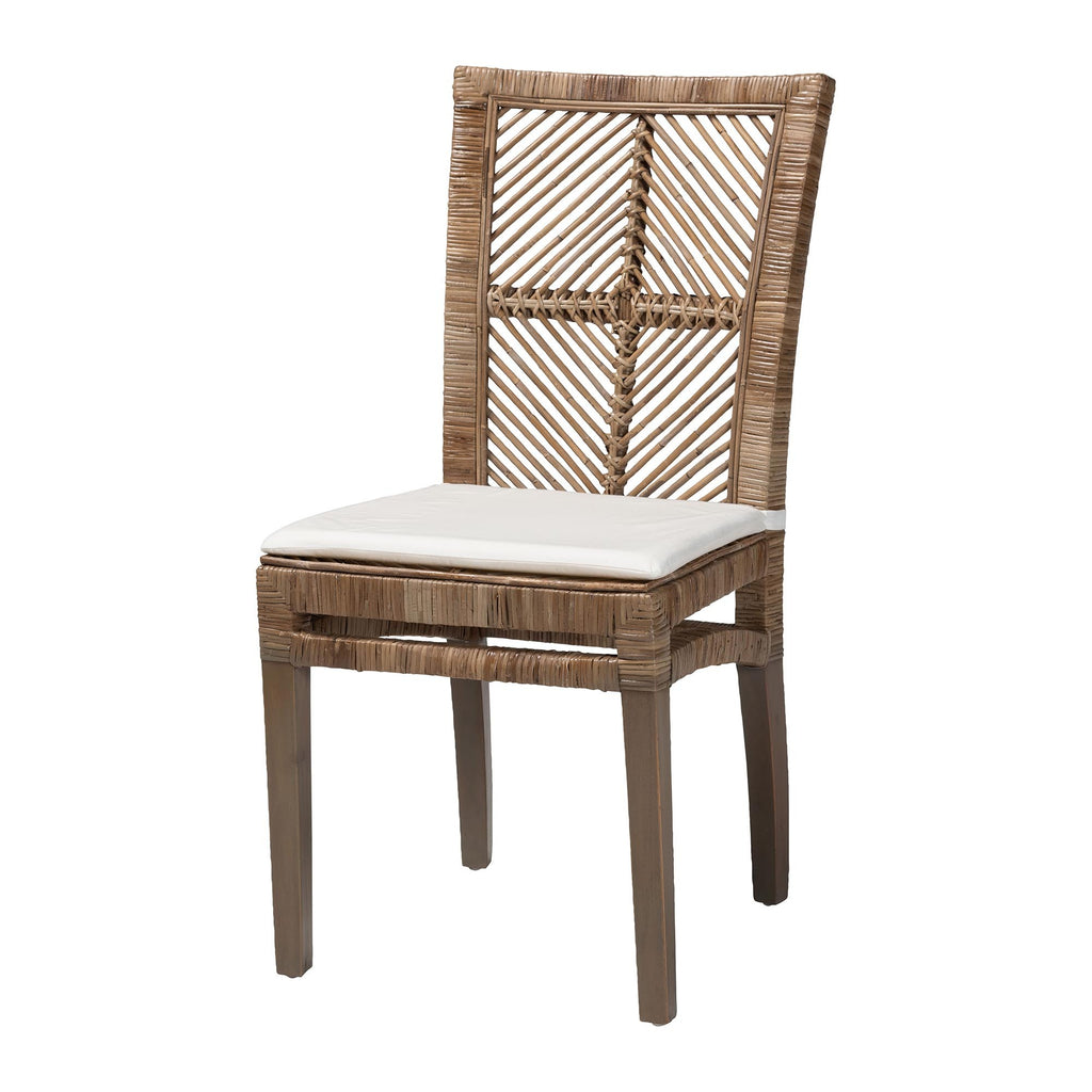 Natural rattan dining chair featuring a woven diamond-patterned backrest, light wood frame, and white seat cushion.