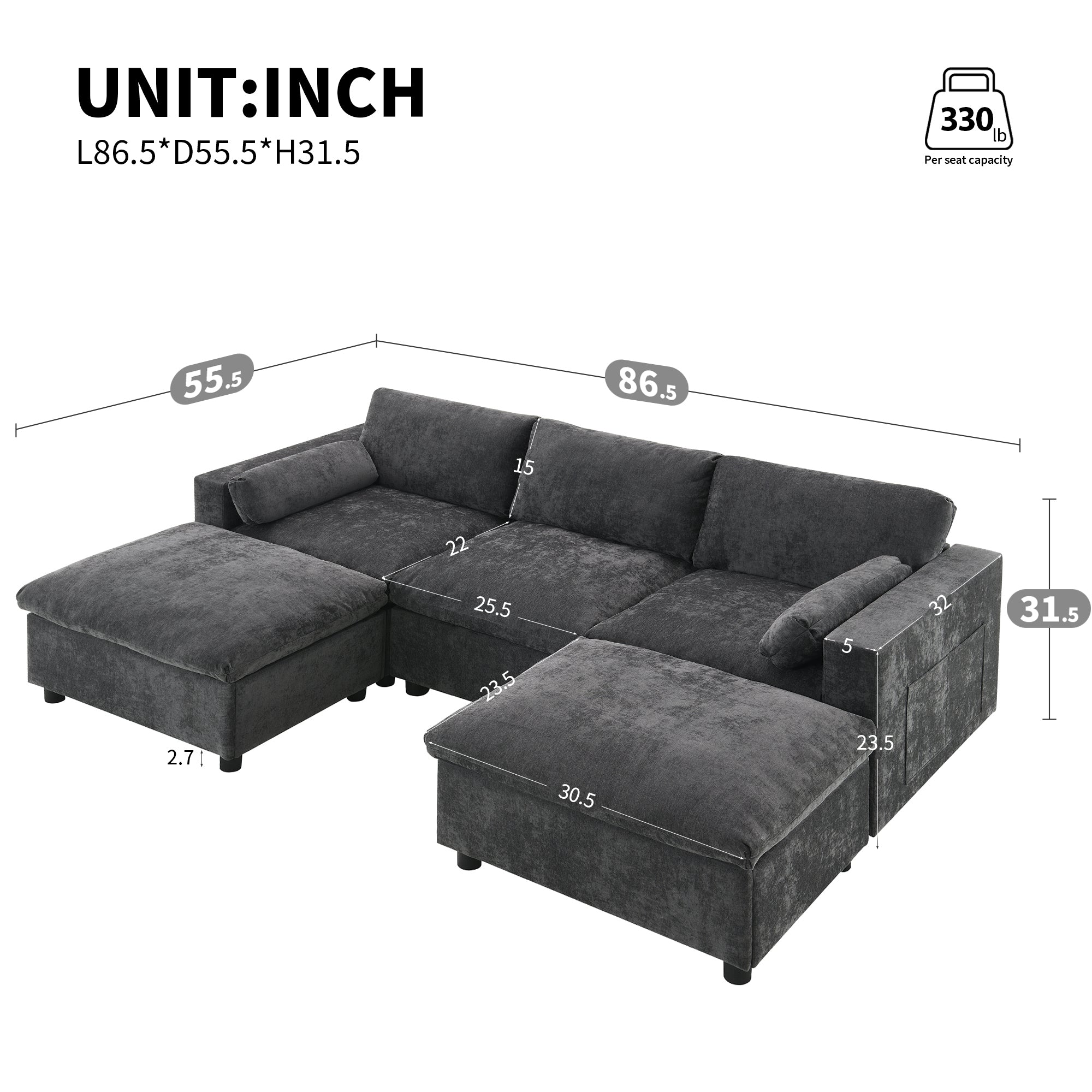 Dimensions of 86.5'' modular chenille sectional sofa with storage, showing measurements and layout in inches for easy space planning.