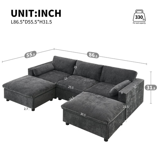 Dimensions of 86.5'' modular chenille sectional sofa with storage, showing measurements and layout in inches for easy space planning.