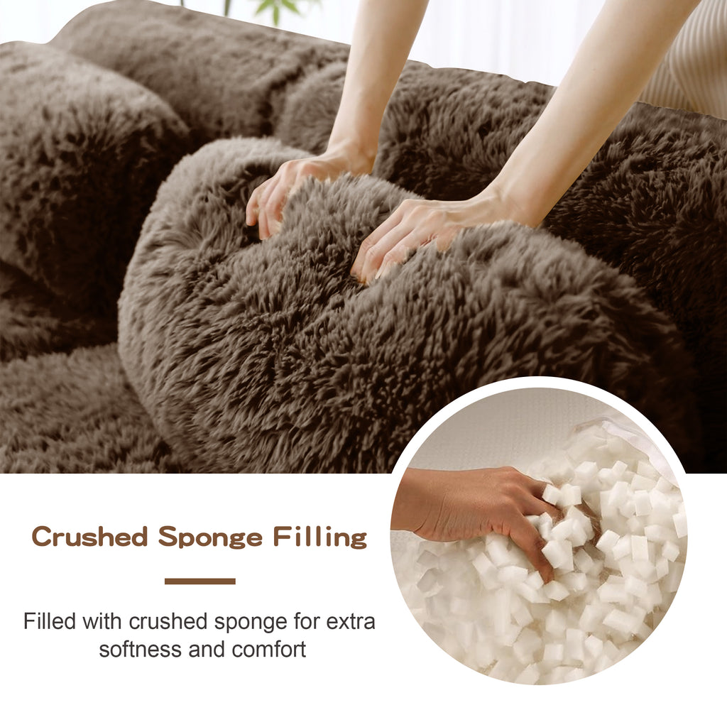 Close-up of crushed sponge filling inside modular U-shaped sofa, offering enhanced softness and long-lasting comfort.