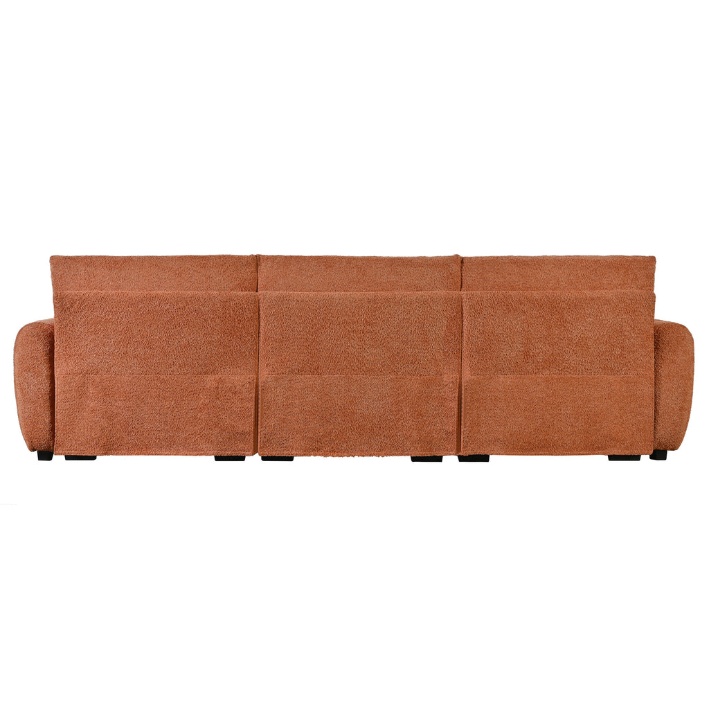 Full rear view of 110' modular sectional sofa in boucle fabric, highlighting its clean lines, supportive backrests, and modular configuration.